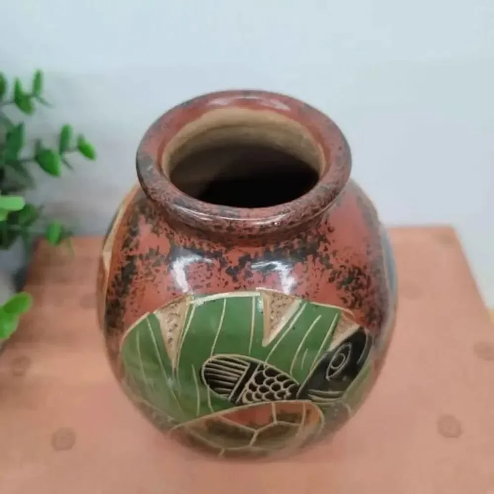 Handmade Nicaraguan Clay Vase with Butterfly Monkey & Turtle Folk Art Pottery